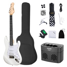 AODSK Electric Guitar with Amp Beginner Kit 39 Inch Solid Body Full Size,All Accessories,Digital Tuner,Six Strings,Four Picks,Tremolo Bar,Strap,Gig Bag,Starter kit (HSS-white)