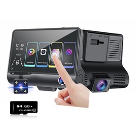 4" Touchscreen 3 in 1 LCD HD DashCam 2 Front 1 Rear Lens 1080P HDR Dual Parking Dash Cam Car Van Security Camera 170 Wide Angle Night Vision Motion Detection G-Sensor DVR Recorder Loop Recording 64GB