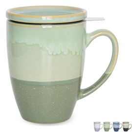 Bosmarlin Ceramic Tea Cup with Infuser and Lid, 13.5 Oz, 4 Colors to Choose, Microwave and Dishwasher Safe, Steeping Tea Mug with Strainer, Reactive Glaze (Green)
