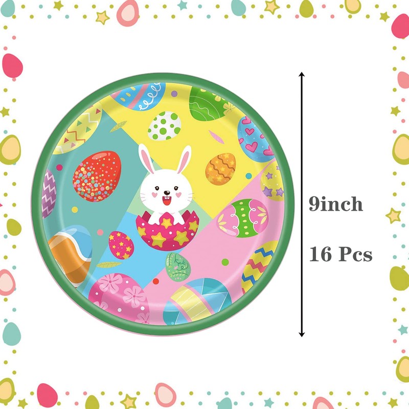 16Pcs Easter Party Paper Plates,Green 9 inch Paper Plate Happy