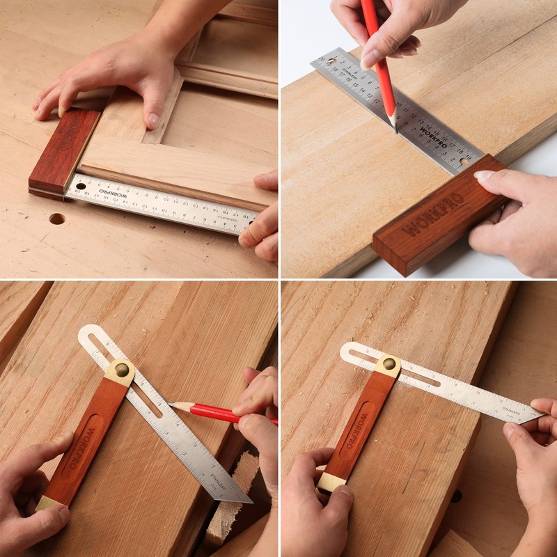 WORKPRO Carpentry Squares Set 2-Piece, Try Square 8-Inch/200mm, Adjustable Sliding