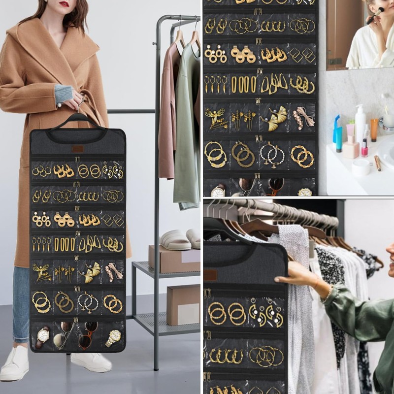 SMRITI Hanging Jewelry Organizer with Dual Zippered Pockets Canvas Double