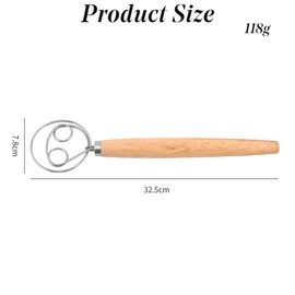 13 Inch Bread Dough Whisk,Double Eyes Stainless Steel Danish Dough Whisk, Egg Beater with Wooden Handle,Bread Making Accessories