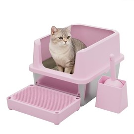 RIZZARI Cat Litter Box: Pink Stainless Steel Odor Control Pan - Easy Clean Non-Porous - 11.6" High Sides Anti-Scatter - Open Top for Fast Scooping - with Scoop - Apartment Bathroom/Laundry Room
