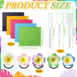Gueevin 250 Pcs/50 Set Hawaiian Hibiscus Napkin Cutlery Set Hawaiian Luau Party Supply Disposable Cutlery with Knives Fork Spoon Tropical Summer Napkin Hibiscus Party Table Decor, Serve 50 Guest