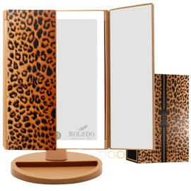 RoLeDo Makeup Vanity Mirror with Lights, 2X/3X Magnification, Lighted Mirror Touch Control, 3 Color Lighting, Trifold LED Mirror, Portable Cosmetic Mirror, Gifts for Women, Teen Girl, Cheetah Print