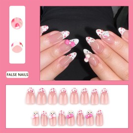 French False Nails - Almond Short White leopard Kitty Cute Nail Tips - 24pcs Press On Nails with Pink Bow - Sweet Colour Design for Women and Girls