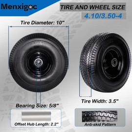 4.10/3.50-4" Flat Free Tire and Wheel, 10 Inch Solid Tire with 5/8" Axle Bore Hole with 3/4" & 1/2" Extra Bearings, 2.2" Offset Hub for Wheelbarrow, Wagon, Gorilla Cart, Dolly, Hand Truk, Generator