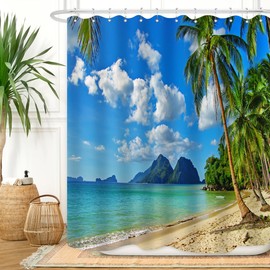 ZXMBF Tropical Beach Shower Curtain Ocean Palm Trees Summer Seaside Island Blue Sky White Cloud Hawaii Landscape Waterproof Polyester Fabric Home Bathroom Décor 72Lx60W Inch 12PCS Plastic Hooks