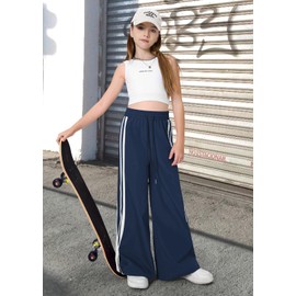 IIMMER Big Girls Side Striped Bowknot Wide Leg Pants Elastic Drawstring Waist Loose Fit Track Pants Navy 11-12Y