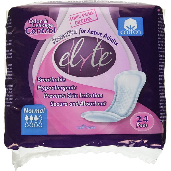 Elyte 100% Pure Cotton Bladder Control Pads-Sensitive Skin Safe, Normal, 24 Count