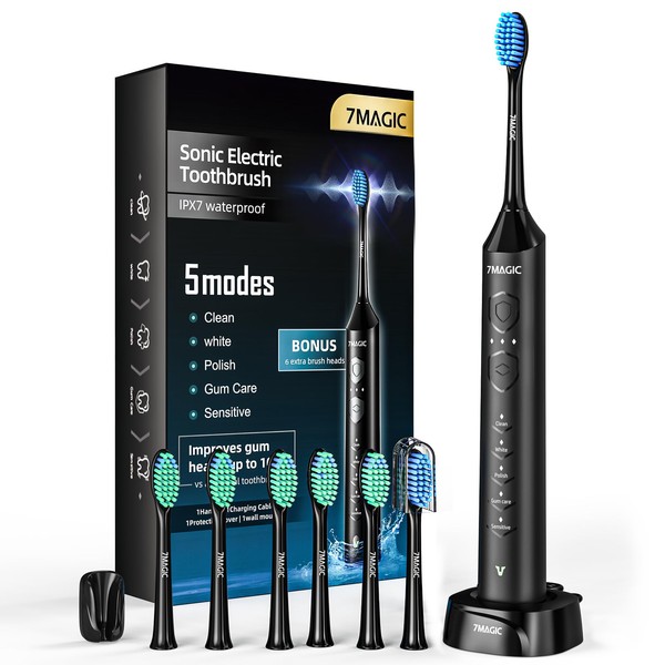 Electric Toothbrush for Adults, Sonic Toothbrush with 3 Intensity Levels & 5 Modes, One Charge for 90 Days, Rechargeable Electric Toothbrush with 6 Toothbrush Heads & 40,000 VPM Deep Clean(Black)