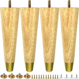 TAOEIFUOR 8 inch Wood Furniture Legs with Gold Caps Solid Rubber Wooden Modern Replacement Sofa Legs for Dresser Cabinet Vanity Ottoman Natural Straight Couch Legs 4 Pack