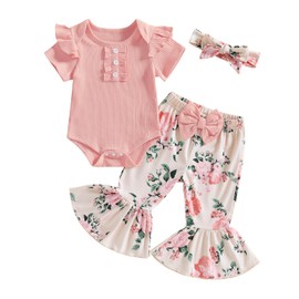 MERSARIPHY Baby Girl Bell Bottom Outfit Cute Infant Newborn Girl Summer Clothes Ribbed Knit Ruffle Romper Tops Flare Pants Set (Pink, 3-6 Months)