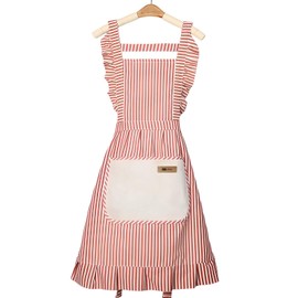 SOFISO 1 Pack Kitchen Cooking Aprons Cotton Vest Soft Long Ties Adjustable Bib Apron with Pockets Linen Kitchen Aprons for Women Men Chef(Red)