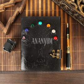 ANANYOM Handmade Leather Journal, Black, Tree Of Life 7 Chakra Design Notebook Diary, Sketchbook with Brass Clasp Lock, Embossed Journal for Men & Women, Office Journal Deckle Edge Unruled 200 Pages,