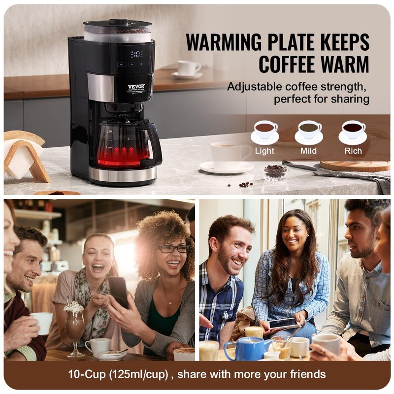 VEVOR Coffee Maker with Grinder, 10 Cup Coffee Machine, Grind