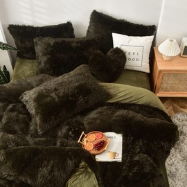 MorroMorn 5 PCS Plush Shaggy Duvet Cover Sets, Luxury Shag Fluffy Comforter Cover Fuzzy Bedding Set - Long Faux Fur Ultra Soft Cozy (Olive Green, Full/Queen)