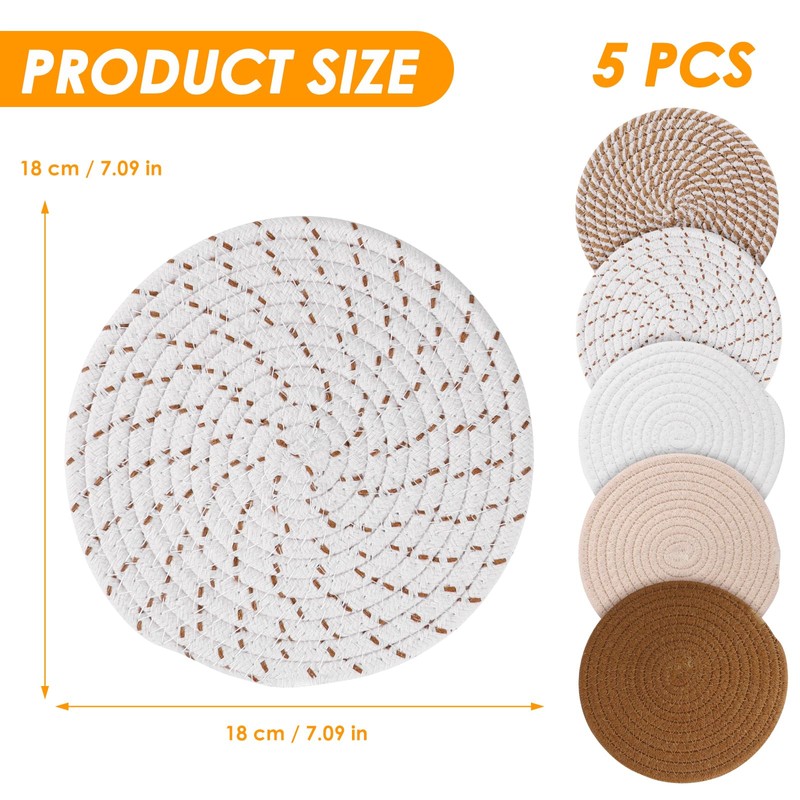 OUZHOU Round Woven Placemats Set of 5,Drink Coasters Heat Resistant