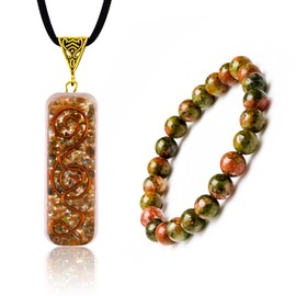 Sugandha Wellness Unakite Necklace & Bracelet Set. Orgonite Crystal Pendant & Stone Bracelet. Jewelry Gift for Yoga, Meditation, Healing & Reiki