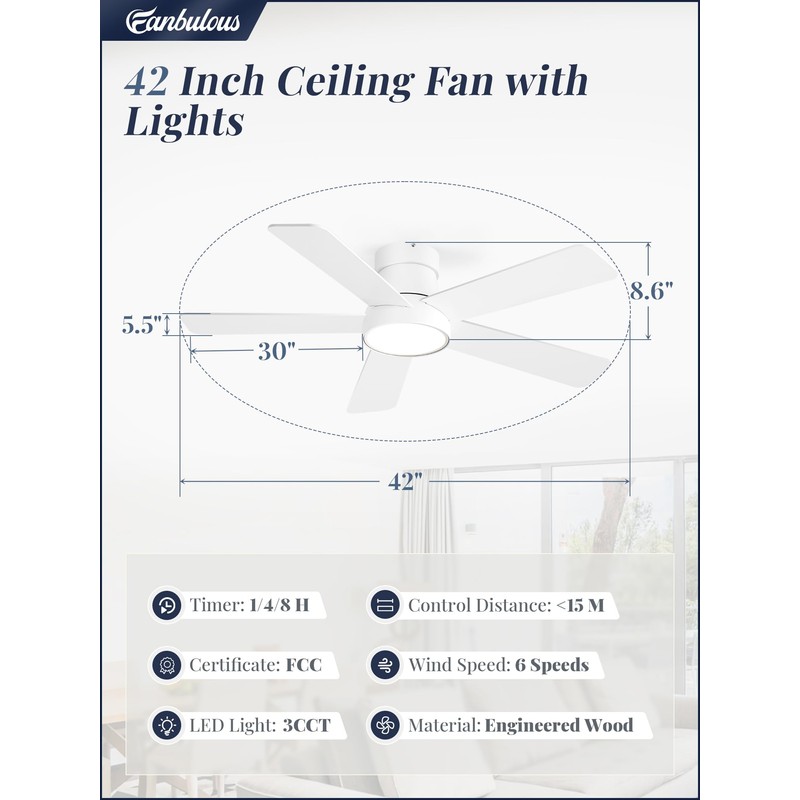 Fanbulous 42 Inch Ceiling Fans with Lights and Remote,Indoor Modern