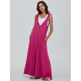 DEEP SELF Womens Jumpsuit 2024 Summer Vacation Outfits Casual Sleeveless Long Pants Rompers Wide Leg Loose Baggy Overalls with Pockets (Small, Hot Pink)