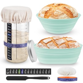 Sourdough Starter Kit, FOTEEMO 9 Inch Round & 10 Inch Oval Foldable Silicone Bread Proofing Baskets 24oz Sourdough Starter Jar Glass Sourdough Bread Baking Supplies Easy to Clean and Storage (Green)