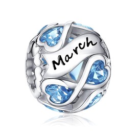 FOREVER QUEEN March Birthstone Charms 925 Sterling Silver Infinite Love Heart Openwork Bead for Charm Bracelets and Necklaces with 5A Cubic Zirconia, Birthday Jewelry Gifts Women