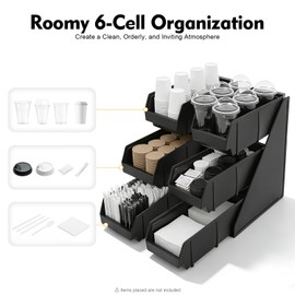 SNKOURIN 6 Compartment Serve Condiment Bin, 3-Tier Self Serve Countertop Plastic Containers Storage Display Rack, Condiment Organizer for Coffee Shops Restaurants Bars Kitchen Black