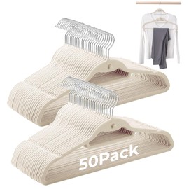 Limogoo Ivory Velvet Hangers 50 Pack, Non Slip Stackable Felt Hanger with Cascading Hook, Ultra Thin and Space Saving Flocked Clothes Hanger with 360° Swivel Hook, 15Lbs Capacity for Suit, Shirt, Coat