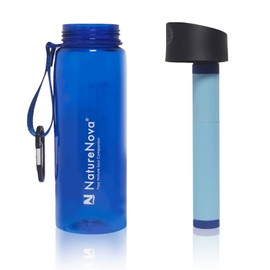 Naturenova Water Filter Bottle with 4-Stage Integrated Filter Straw BPA Free for Camping, Hiking, Backpacking, Emergency and Travel, 2 Pack Black/Blue, 650ml