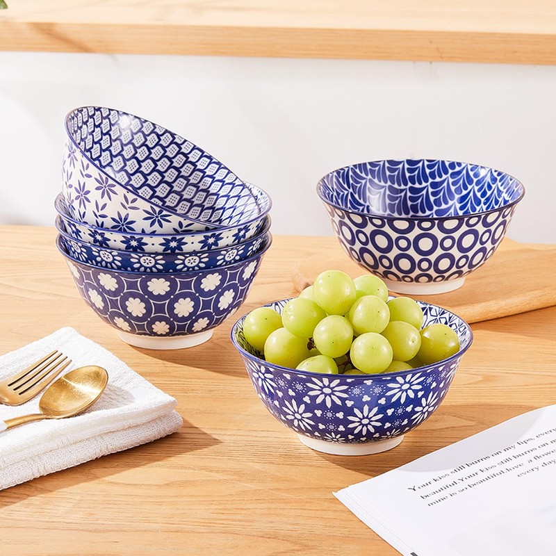 AntoKueh 6 inches Blue and White Ceramic Bowls, 25Oz Deep