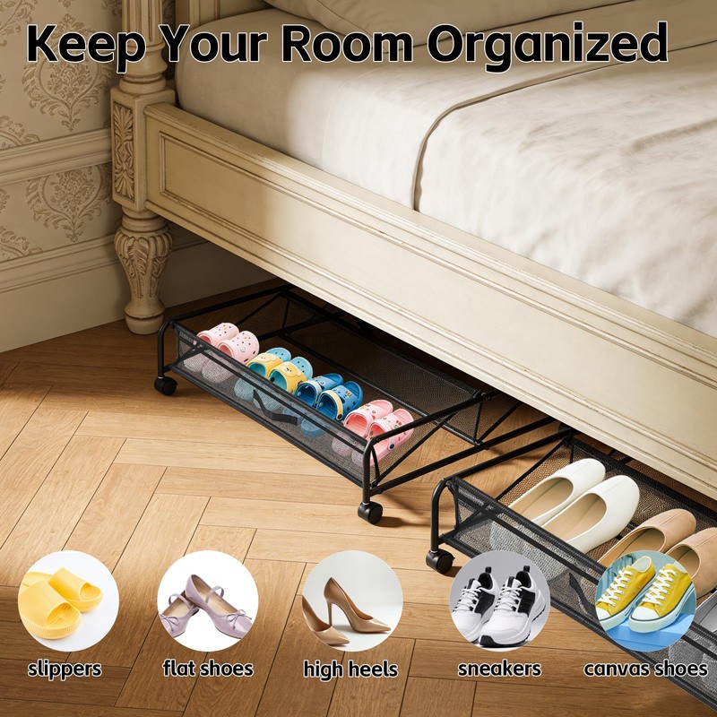 AIHSUMC Under Bed Shoe Storage Organizer, 2-Pack Metal Mesh Storage