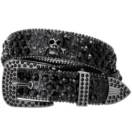 SUOSDEY Skull Rhinestone Belt for Men Women Sparkly Bling Diamond Sequin Studded Belt Western Cowgirl Cowboy Belt, Black