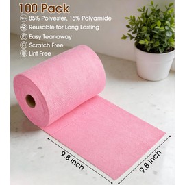 KitchLife Microfiber Cleaning Cloth Roll, 100 Pack - Tear-Away Microfiber Paper Towels, Lint-Free, Reusable, Washable for Kitchen, Car, Dishes, and Sensitive Surfaces (Pink)