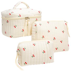 PAZIMIIK 3PCS Makeup Bag SET Large Travel Quilted Zipper Soft Cosmetic Case Pouch for Women Girls Make Up,Cherry Beige