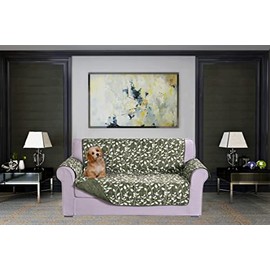 Elegant Comfort Quilted Furniture Protectors Solid and Printed Design Reversible Slipcovers Featuring Elastic Straps and Smart Pockets Great for Pets, Kids and More, Smart Leaf Loveseat, Sage