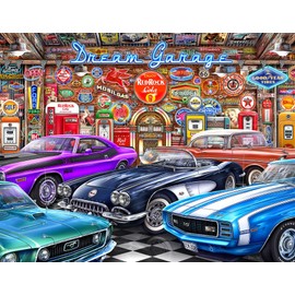 Springbok's Dream Garage 2000 Piece Puzzle for Adults is a Classic Car Lovers Dream Featuring Muscle Cars in a Classic Garage - Ribbon Cut Pieces