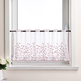 Delien Voile 1 Piece Net Curtains, Short Curtains, Embroidery, Bistro Curtain, Grünland, Transparent Short Curtain with Grass Pattern, Leaf Pattern for Kitchen, W x H 90 x 45 cm, Red