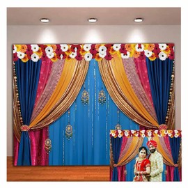 Qian Indian Traditional Photography Backdrop Boho India Curtains Marigold Pooja Festival Diwali Photo Background for Hindu Wedding Marriage Bridal Shower Holi Decor Banners 9x6 FT