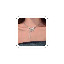 Inateannal Vintage Rhinestone Butterfly Necklace Silver Tennis Choker Necklace Crystal Butterfly Pendant Necklace Sparkly Rhinestone Necklace Chain Jewelry for Women and Girls