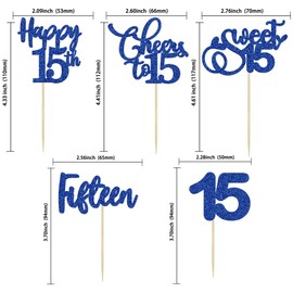 Paquete de 30 adornos para magdalenas de cumpleaños de 15 años, color azul oscuro con purpurina de quince saludos a 15 años, para decoraciones de pasteles de feliz cumpleaños de 15 cumpleaños