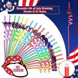 JANYUN 20Pcs Reusable Patriotic Plastic Straws, Veterans Day Party Favors Accessories Red White Blue Drinking Straws for Independence Day, Veterans Day Party Supplies Decorations
