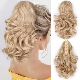 Short Claw Ponytail Extension 10in Claw Clip in Ponytail Hair Extensions Wavy Synthetic Hairpiece for Women #M18/613 Medium Blonde with Highlights