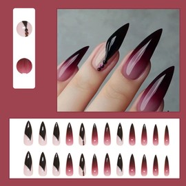 24 Pcs Ombre Press on Nails Medium Almond - MINGCHUN Summer Black Purple Fake Nails Press ons Spring Nail Art Tips Full Cover French Acrylic False Nails with 3D Rhinestones Design Glue on Nails Kit