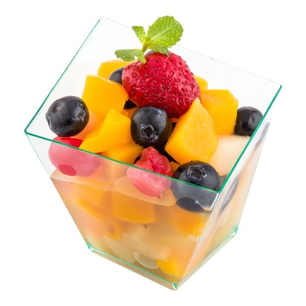 5.5 Ounce Disposable Dessert Cups, 100 Square Party Serving Cups - Serve Snacks, Mousse, Parfaits, or Puddings, For Weddings or Catered Events, Seagreen Plastic Appetizer Cups - Restaurantware