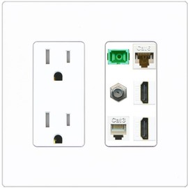 RiteAV 1 Port Fiber Optic Jack SC Simplex APC + Cat6 + Coax + 2 x HDMI + Phone Wall Plate - Tamper-Resistant Outlet [Screwless White]