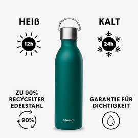 Qwetch - Active Emerald Green 600 ml Insulated Flask - Drinking Bottle with Recycled Stainless Steel Handle - Cold for 24 Hours and Warm for 12 Hours - Waterproof, BPA Free & Compact