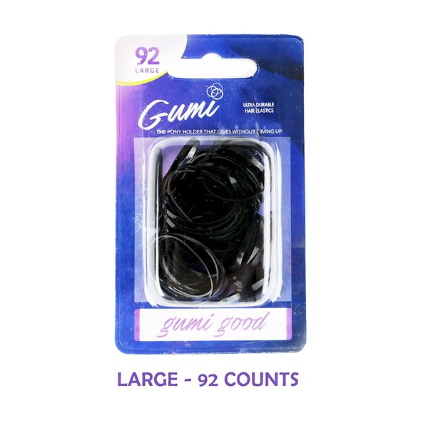 Gumi Reusable Elastics Hair band – Strong Grip, Smooth Feel, Snag Free Rubber Band - Ouch less & Comfortable for All Types of Hair - Large-92 Count Pure Black