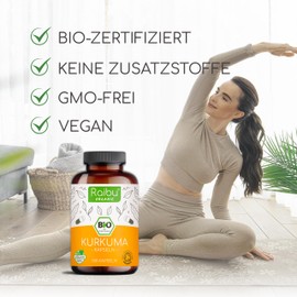 Raibu® Organic Turmeric Capsules, 180 Capsules, High Dosage with 3,000 mg per Daily Dose, Made in Germany, Vegan